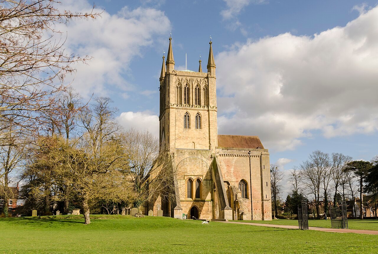 Pershore Abbey viewed across the churchyard