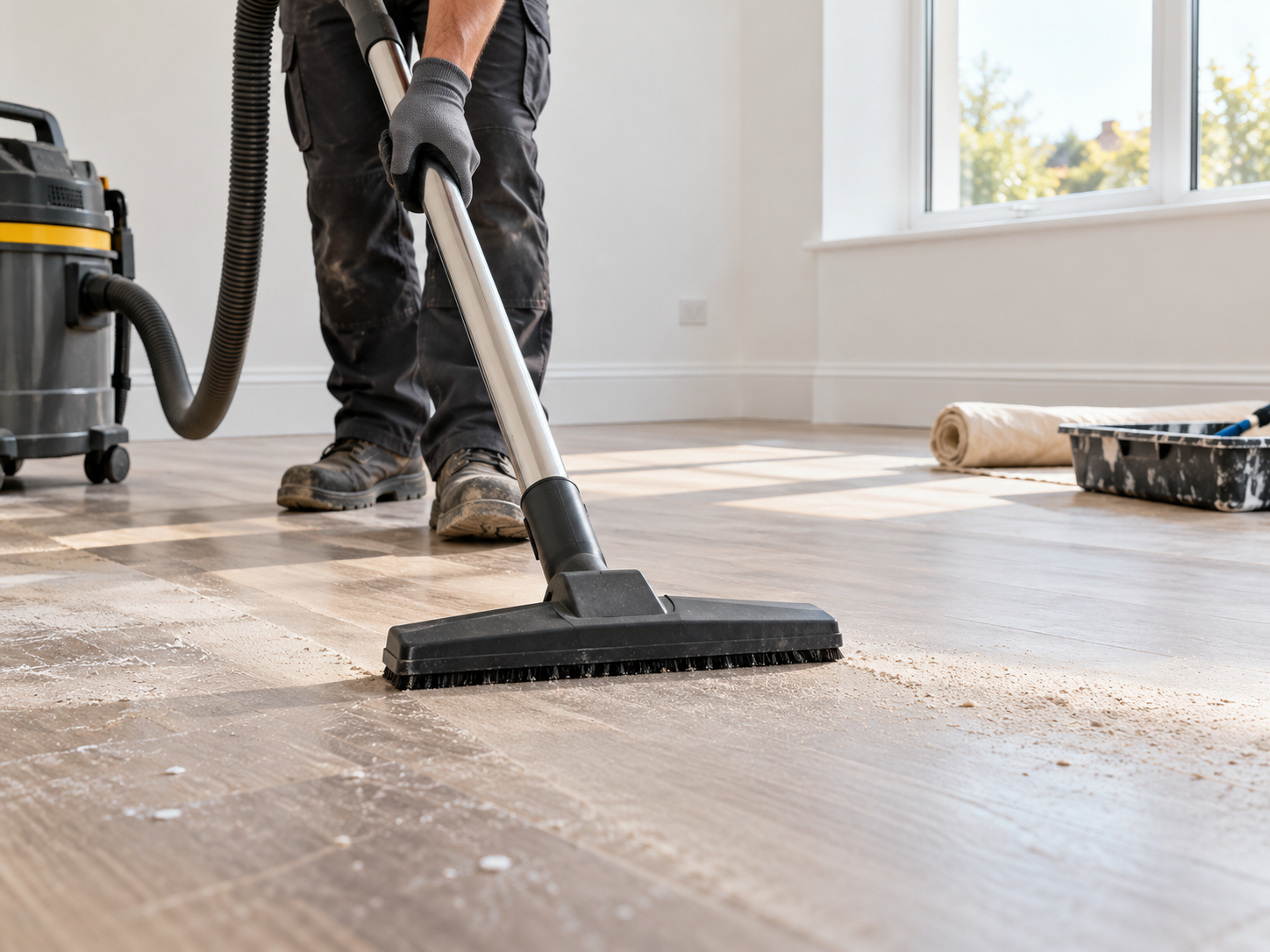 Generated illustration of an operative vacuuming renovation dust in a newly refurbished room